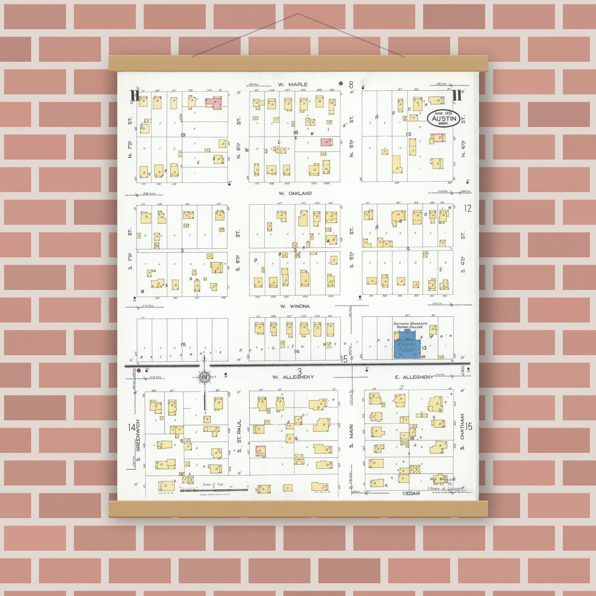 Old map wall art mockup — magnetic wood frame on brick wall — Sanborn Fire Insurance Map from Austin, Mower County, Minnesota (1926), Sheet #0011