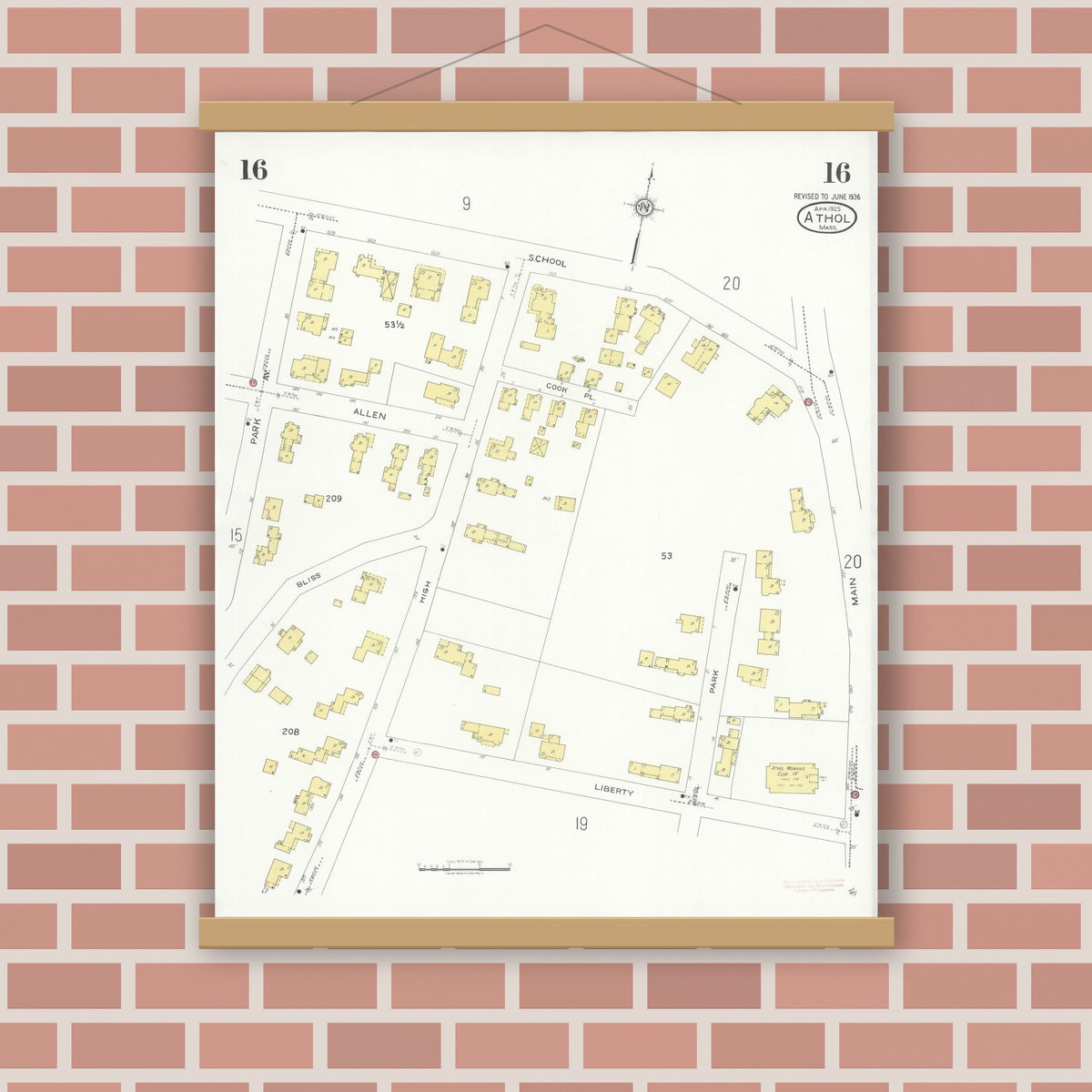 Old map wall art mockup — magnetic wood frame on brick wall — Sanborn Fire Insurance Map from Athol, Worcester County, Massachusetts (1936), Sheet #0016