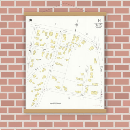 Old map wall art mockup — magnetic wood frame on brick wall — Sanborn Fire Insurance Map from Athol, Worcester County, Massachusetts (1936), Sheet #0016