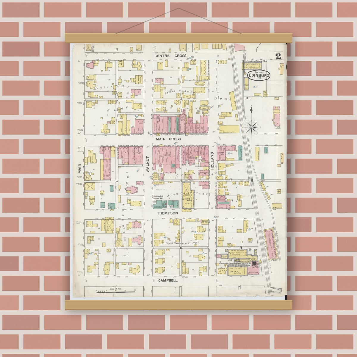 Old map wall art mockup — magnetic wood frame on brick wall — Sanborn Fire Insurance Map from Edinburg, Johnson And Bartholomew Counties, Indiana (1892), Sheet #0002