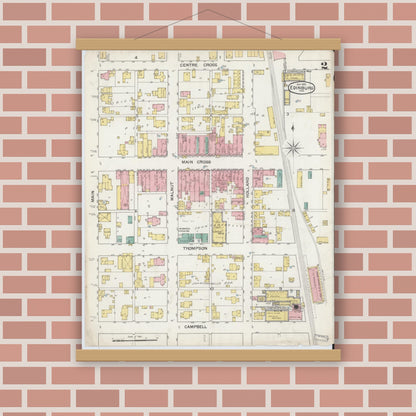 Old map wall art mockup — magnetic wood frame on brick wall — Sanborn Fire Insurance Map from Edinburg, Johnson And Bartholomew Counties, Indiana (1892), Sheet #0002