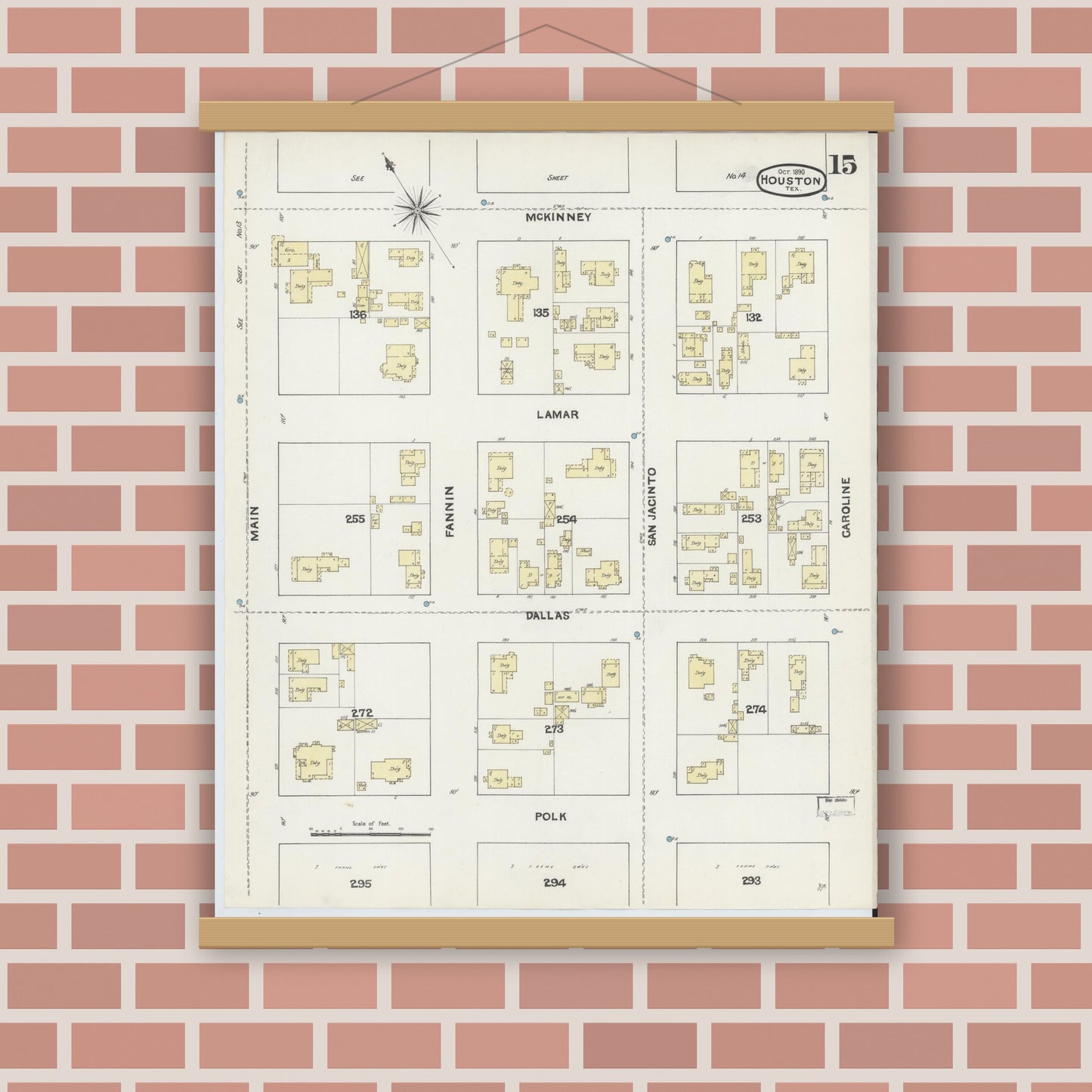 Old map wall art mockup — magnetic wood frame on brick wall — Sanborn Fire Insurance Map from Houston, Harris County, Texas (1890), Sheet #0015