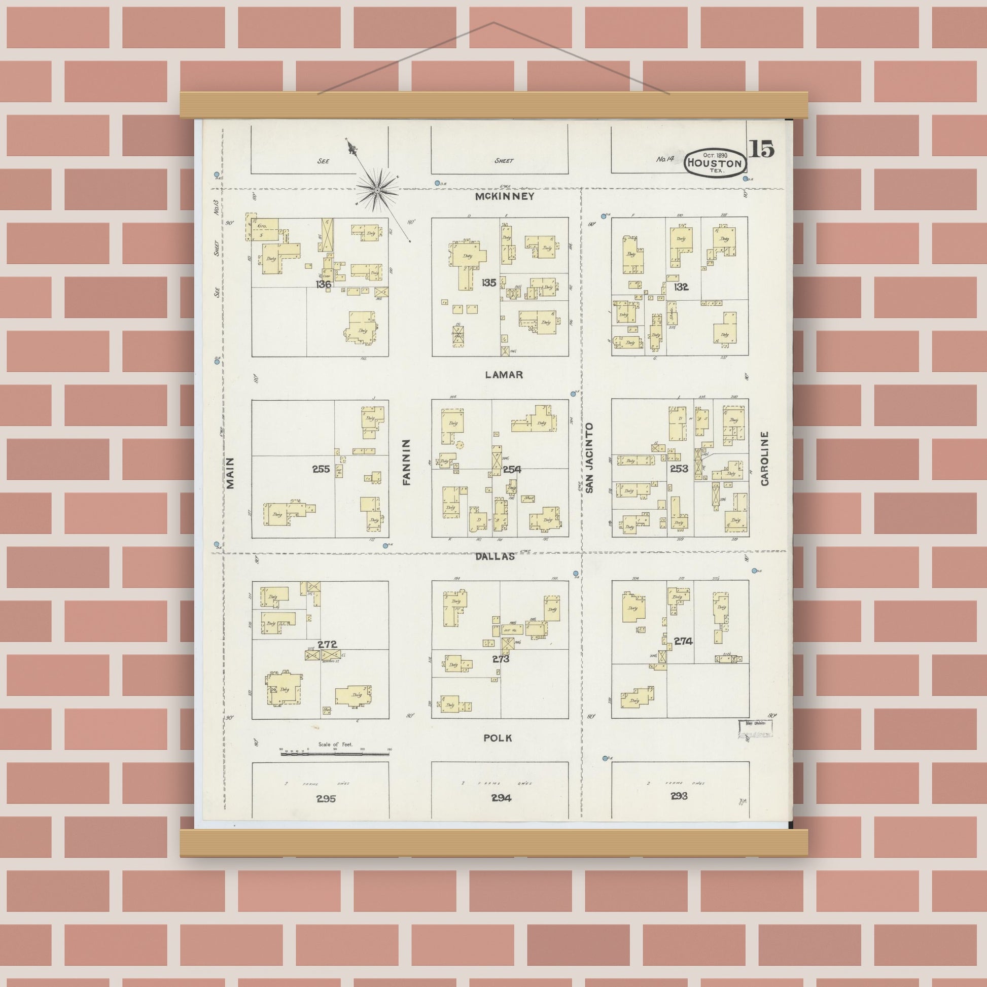 Old map wall art mockup — magnetic wood frame on brick wall — Sanborn Fire Insurance Map from Houston, Harris County, Texas (1890), Sheet #0015