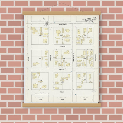 Old map wall art mockup — magnetic wood frame on brick wall — Sanborn Fire Insurance Map from Houston, Harris County, Texas (1890), Sheet #0015