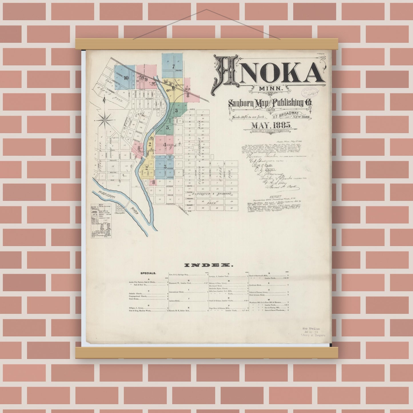 Old map wall art mockup — magnetic wood frame on brick wall — Sanborn Fire Insurance Map from Anoka, Anoka County, Minnesota (1885), Sheet #0001