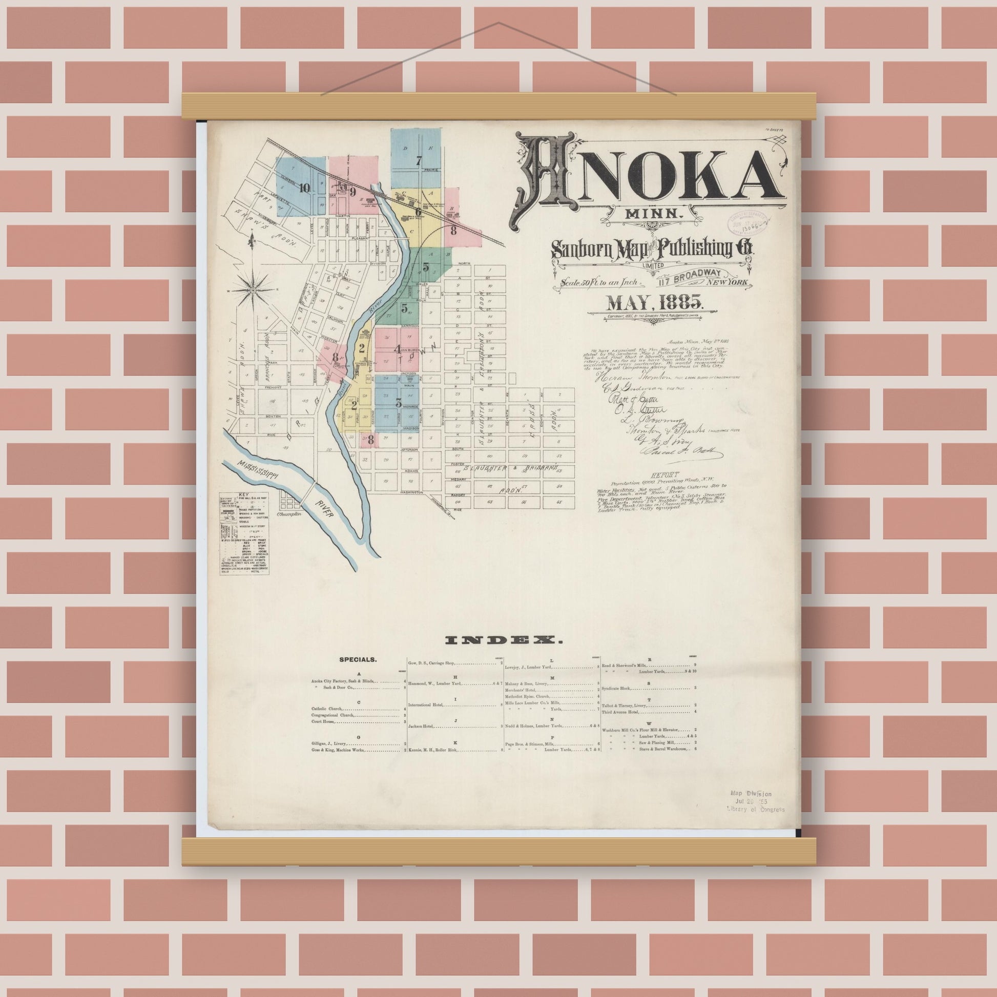 Old map wall art mockup — magnetic wood frame on brick wall — Sanborn Fire Insurance Map from Anoka, Anoka County, Minnesota (1885), Sheet #0001