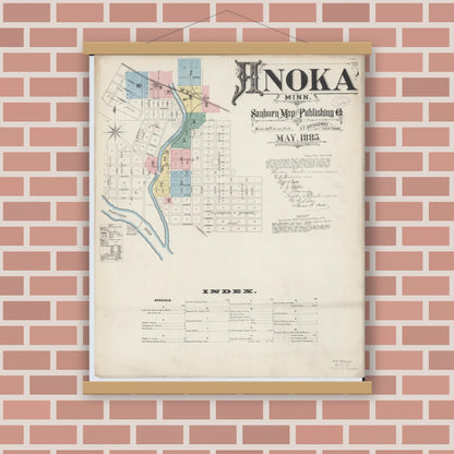 Old map wall art mockup — magnetic wood frame on brick wall — Sanborn Fire Insurance Map from Anoka, Anoka County, Minnesota (1885), Sheet #0001