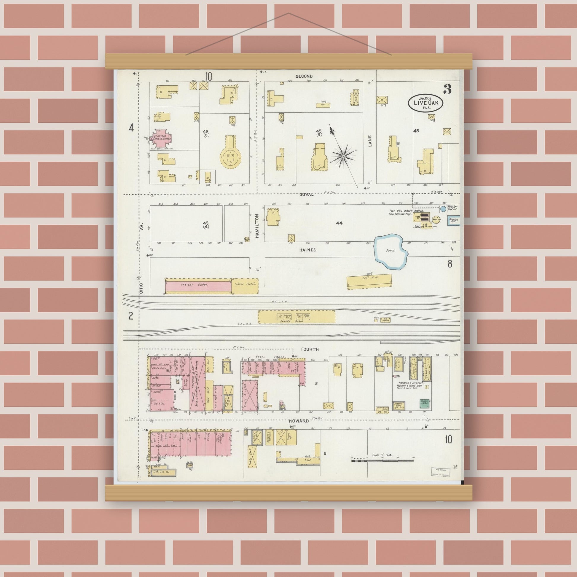 Old map wall art mockup — magnetic wood frame on brick wall — Sanborn Fire Insurance Map from Live Oak, Suwanee County, Florida (1906), Sheet #0003