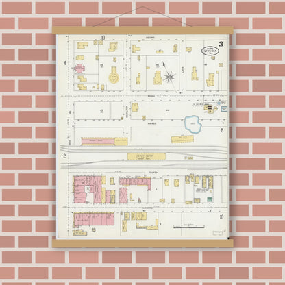 Old map wall art mockup — magnetic wood frame on brick wall — Sanborn Fire Insurance Map from Live Oak, Suwanee County, Florida (1906), Sheet #0003