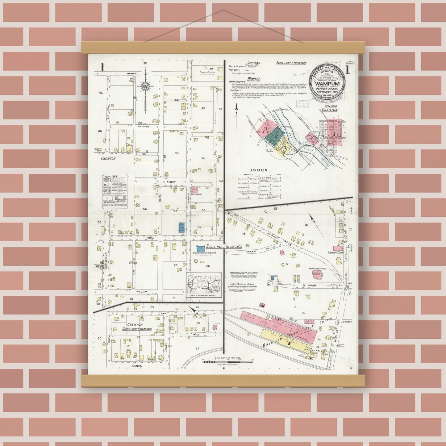 Old map wall art mockup — magnetic wood frame on brick wall — Sanborn Fire Insurance Map from Wampum, Lawrence County, Pennsylvania (1925) - Complete Map Set