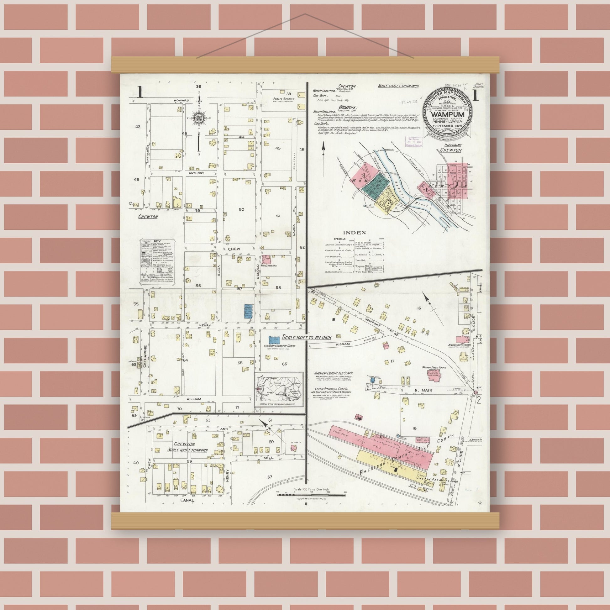 Old map wall art mockup — magnetic wood frame on brick wall — Sanborn Fire Insurance Map from Wampum, Lawrence County, Pennsylvania (1925) - Complete Map Set