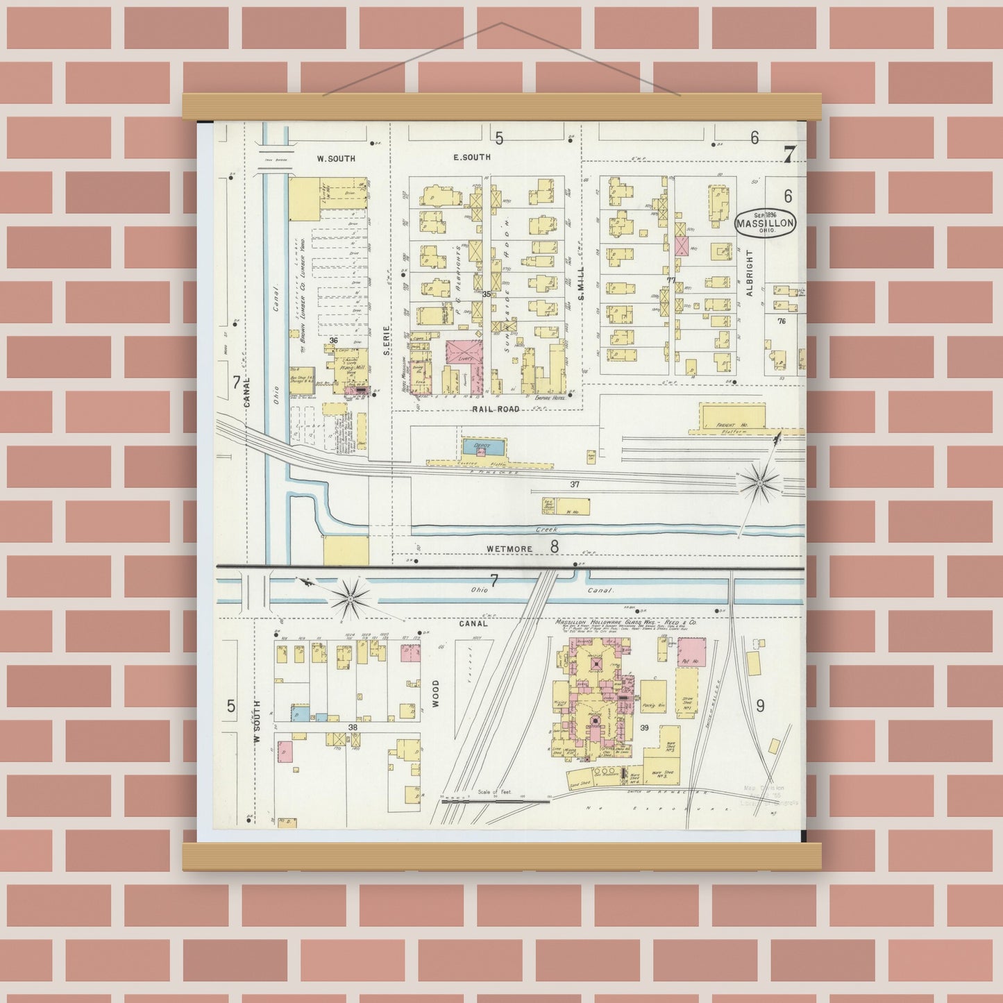 Old map wall art mockup — magnetic wood frame on brick wall — Sanborn Fire Insurance Map from Massillon, Stark County, Ohio (1896), Sheet #0007