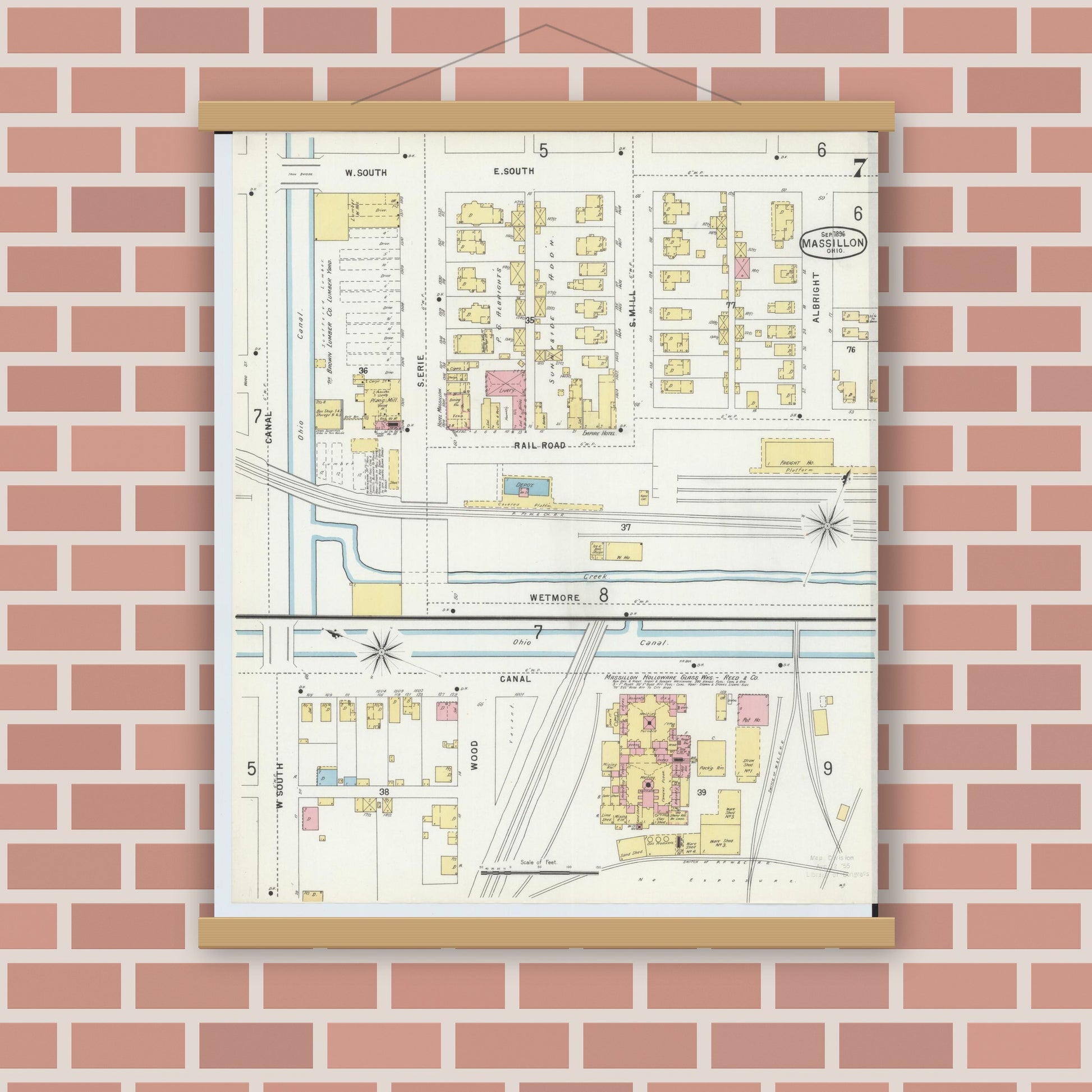 Old map wall art mockup — magnetic wood frame on brick wall — Sanborn Fire Insurance Map from Massillon, Stark County, Ohio (1896), Sheet #0007