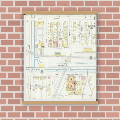 Old map wall art mockup — magnetic wood frame on brick wall — Sanborn Fire Insurance Map from Massillon, Stark County, Ohio (1896), Sheet #0007