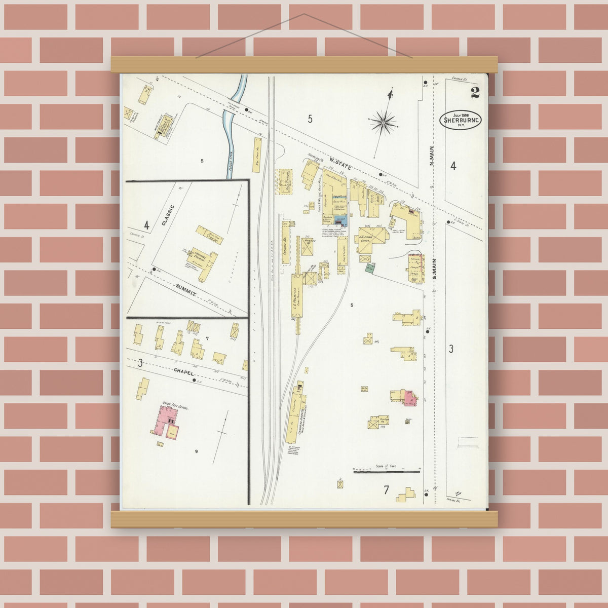 Old map wall art mockup — magnetic wood frame on brick wall — Sanborn Fire Insurance Map from Sherburne, Chenango County, New York (1906), Sheet #0002
