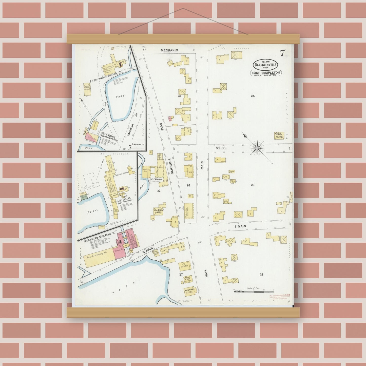 Old map wall art mockup — magnetic wood frame on brick wall — Sanborn Fire Insurance Map from Baldwinville, Worcester County, Massachusetts (1900), Sheet #0007