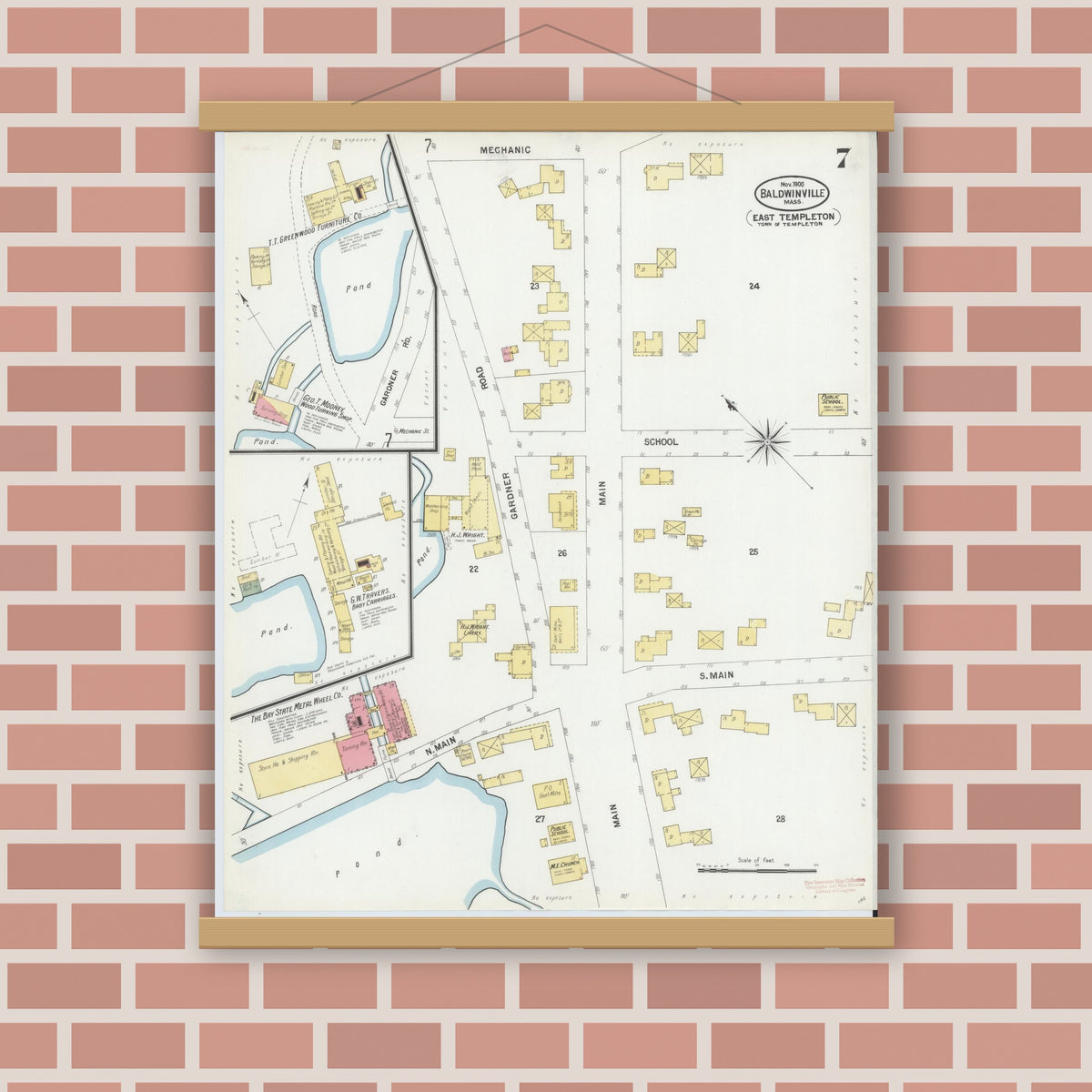 Old map wall art mockup — magnetic wood frame on brick wall — Sanborn Fire Insurance Map from Baldwinville, Worcester County, Massachusetts (1900), Sheet #0007