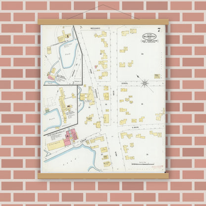 Old map wall art mockup — magnetic wood frame on brick wall — Sanborn Fire Insurance Map from Baldwinville, Worcester County, Massachusetts (1900), Sheet #0007