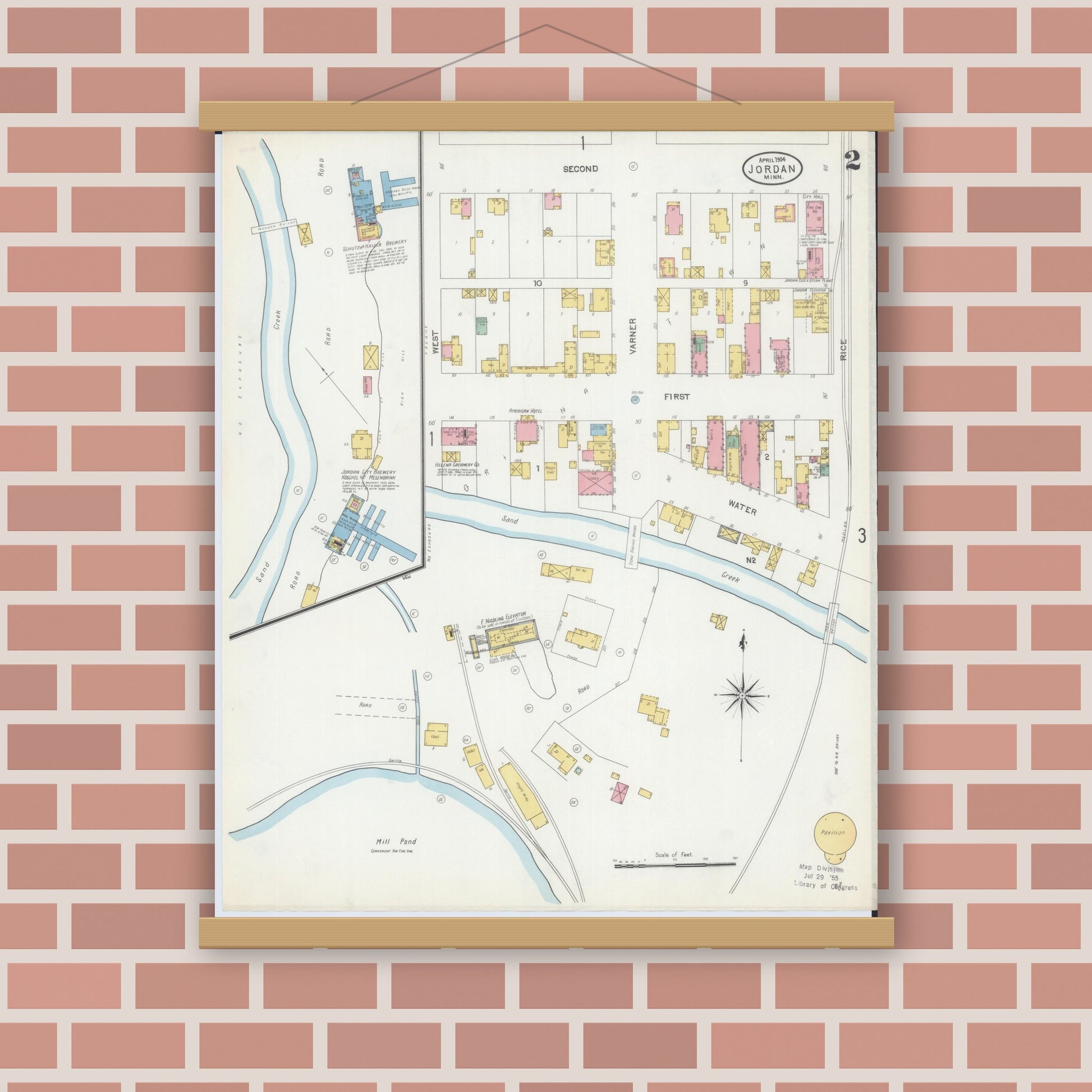 Old map wall art mockup — magnetic wood frame on brick wall — Sanborn Fire Insurance Map from Jordan, Scott County, Minnesota (1904), Sheet #0002