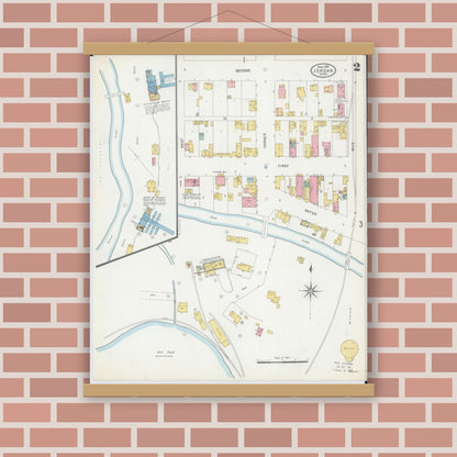 Old map wall art mockup — magnetic wood frame on brick wall — Sanborn Fire Insurance Map from Jordan, Scott County, Minnesota (1904), Sheet #0002