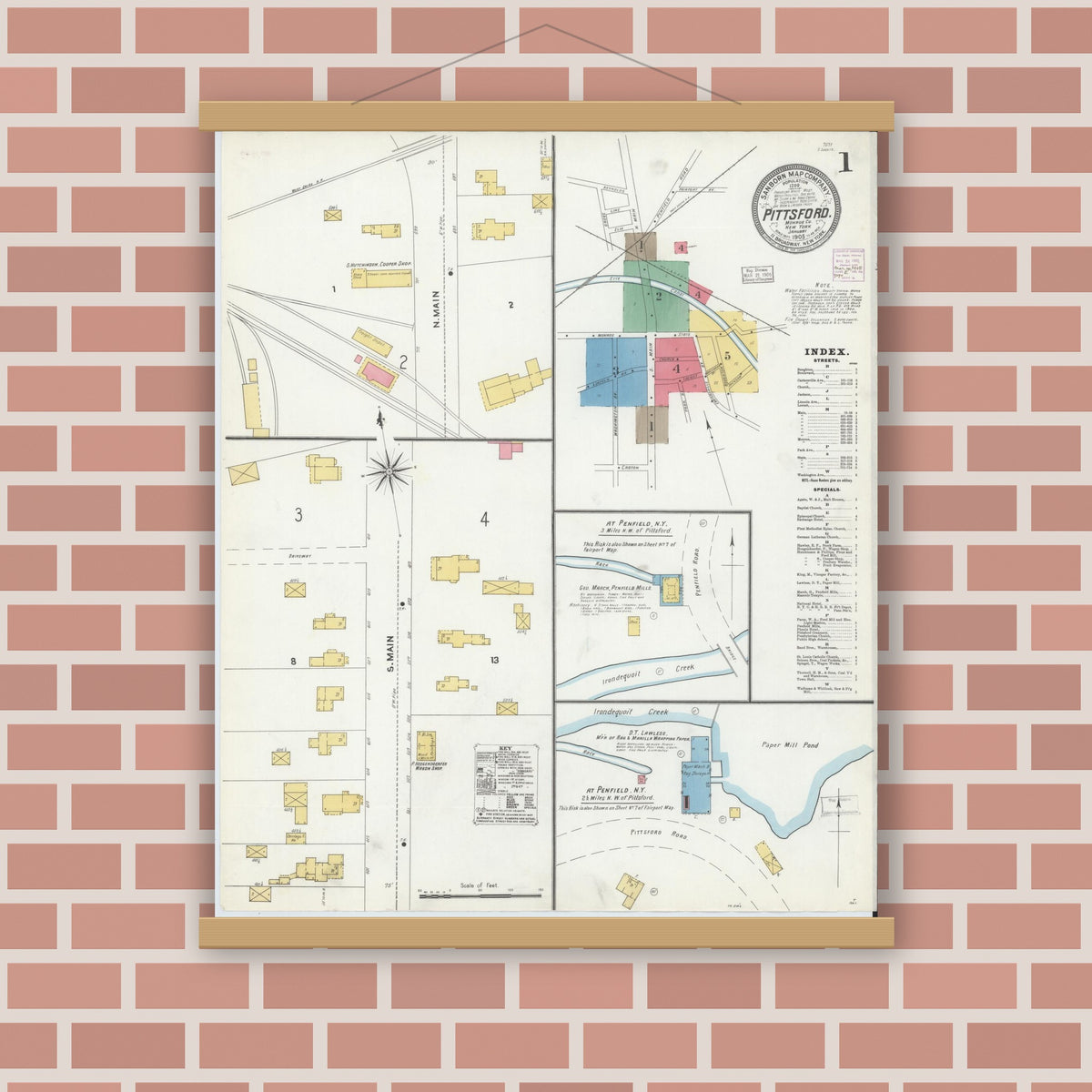 Old map wall art mockup — magnetic wood frame on brick wall — Sanborn Fire Insurance Map from Pittsford, Monroe County, New York (1905) - Complete Map Set