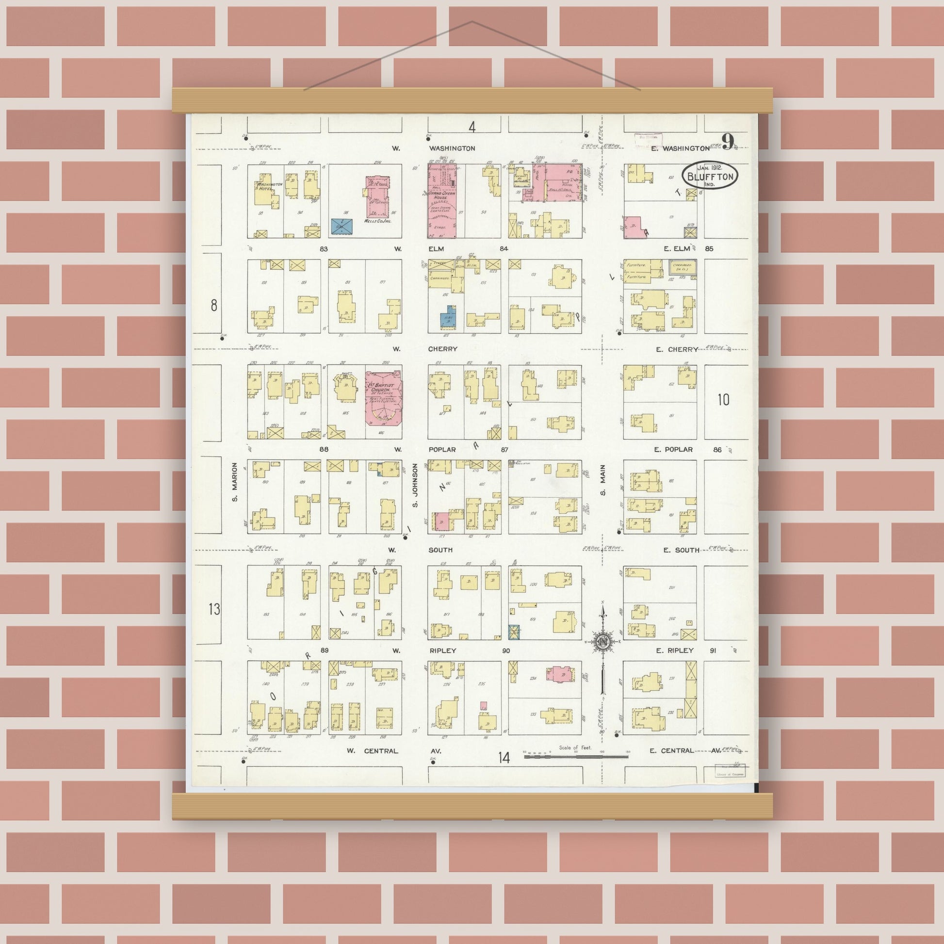 Old map wall art mockup — magnetic wood frame on brick wall — Sanborn Fire Insurance Map from Bluffton, Wells County, Indiana (1912), Sheet #0009