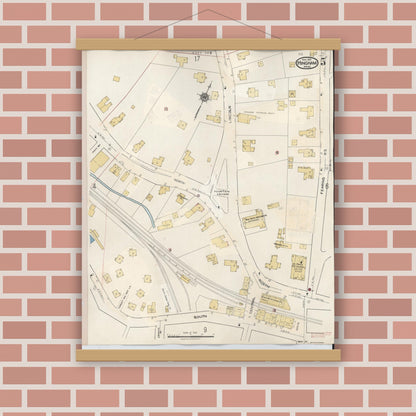 Old map wall art mockup — magnetic wood frame on brick wall — Sanborn Fire Insurance Map from Hingham, Plymouth County, Massachusetts (1948), Sheet #0005
