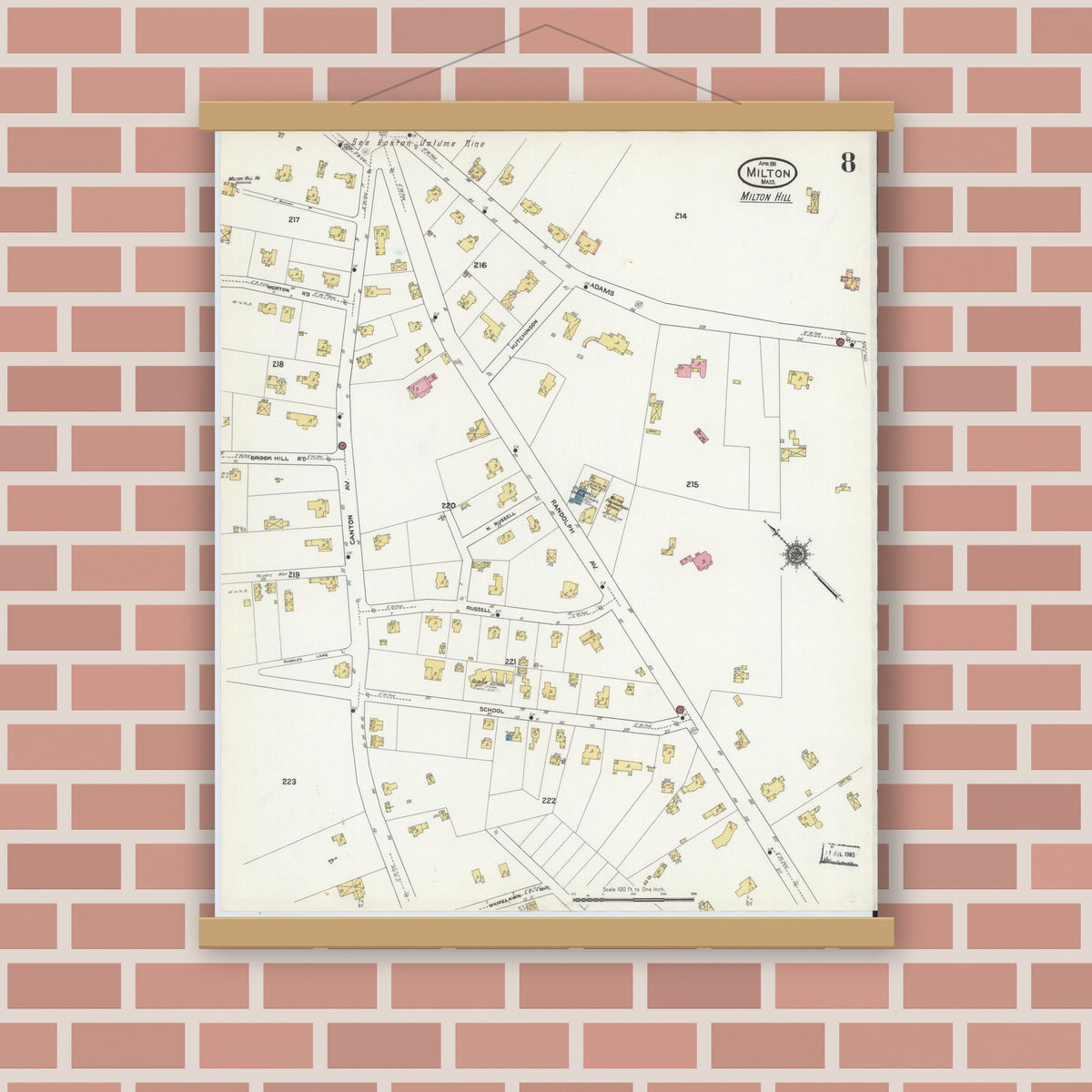 Old map wall art mockup — magnetic wood frame on brick wall — Sanborn Fire Insurance Map from Milton, Norfolk County, Massachusetts (1911), Sheet #0008