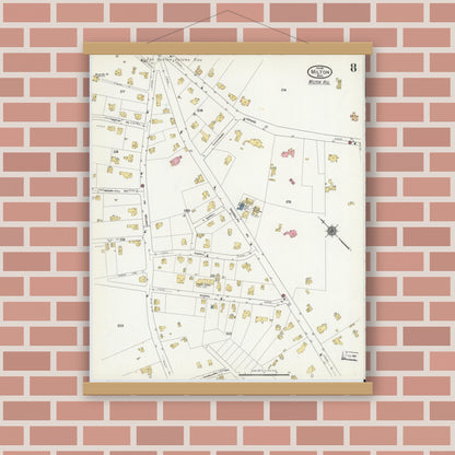 Old map wall art mockup — magnetic wood frame on brick wall — Sanborn Fire Insurance Map from Milton, Norfolk County, Massachusetts (1911), Sheet #0008