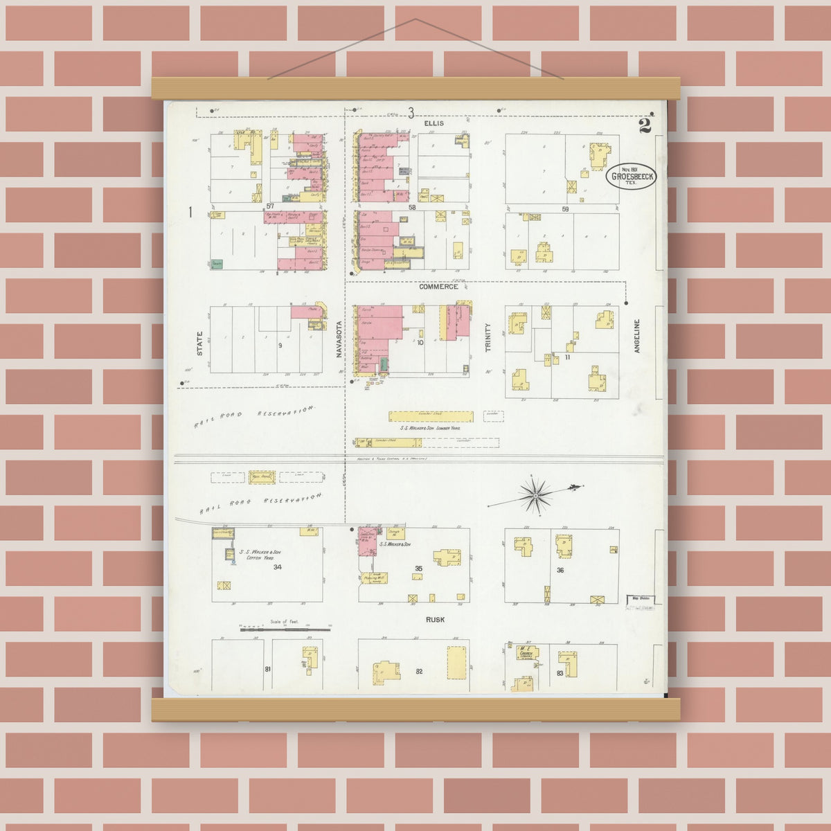Old map wall art mockup — magnetic wood frame on brick wall — Sanborn Fire Insurance Map from Groesbeck, Limestone County, Texas (1901), Sheet #0002