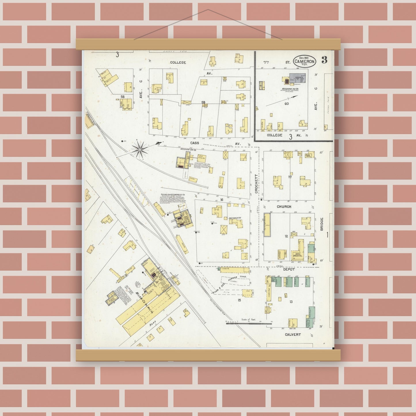 Old map wall art mockup — magnetic wood frame on brick wall — Sanborn Fire Insurance Map from Cameron, Milam County, Texas (1901), Sheet #0003