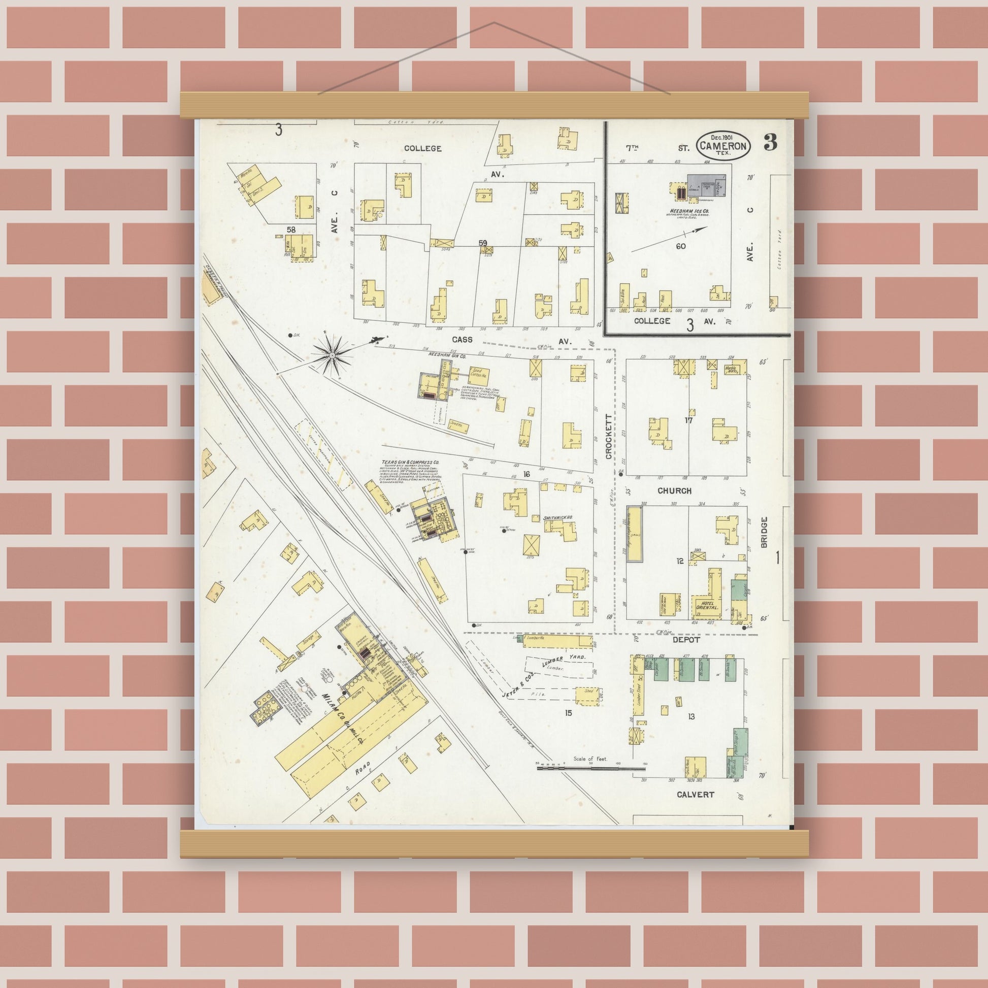 Old map wall art mockup — magnetic wood frame on brick wall — Sanborn Fire Insurance Map from Cameron, Milam County, Texas (1901), Sheet #0003