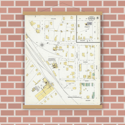 Old map wall art mockup — magnetic wood frame on brick wall — Sanborn Fire Insurance Map from Cameron, Milam County, Texas (1901), Sheet #0003