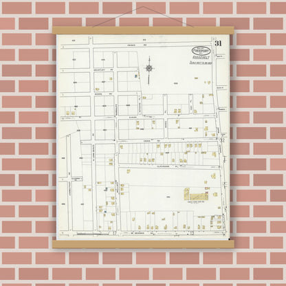 Old map wall art mockup — magnetic wood frame on brick wall — Sanborn Fire Insurance Map from Freeport, Nassau County, New York (1917), Sheet #0031