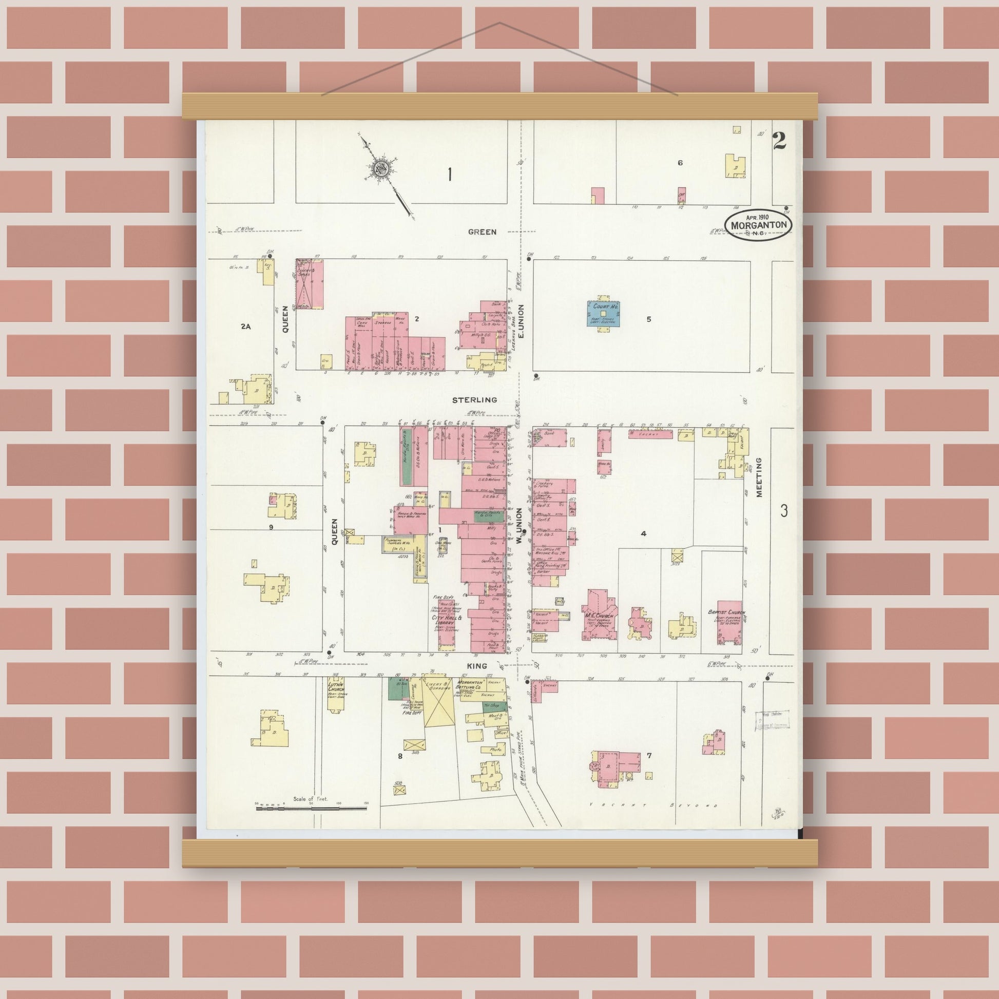 Old map wall art mockup — magnetic wood frame on brick wall — Sanborn Fire Insurance Map from Morganton, Burke County, North Carolina (1910), Sheet #0002