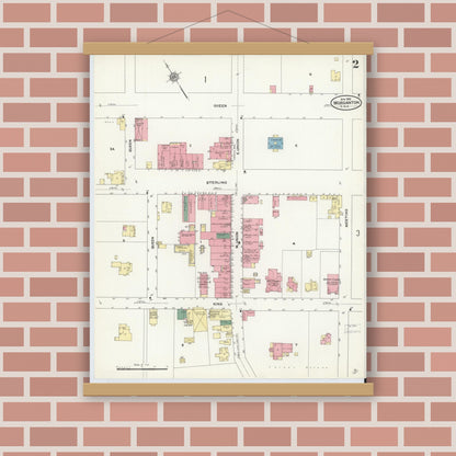 Old map wall art mockup — magnetic wood frame on brick wall — Sanborn Fire Insurance Map from Morganton, Burke County, North Carolina (1910), Sheet #0002