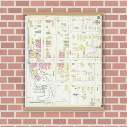 Old map wall art mockup — magnetic wood frame on brick wall — Sanborn Fire Insurance Map from Lansing, Ingham County, Michigan (1898), Sheet #0021