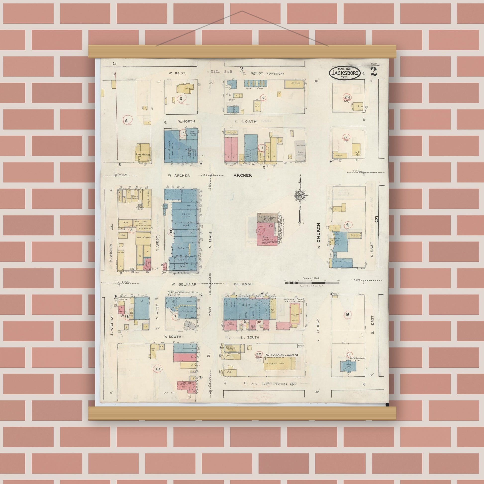 Old map wall art mockup — magnetic wood frame on brick wall — Sanborn Fire Insurance Map from Jacksboro, Jack County, Texas (1942), Sheet #0002