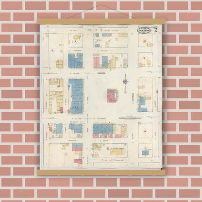 Old map wall art mockup — magnetic wood frame on brick wall — Sanborn Fire Insurance Map from Jacksboro, Jack County, Texas (1942), Sheet #0002