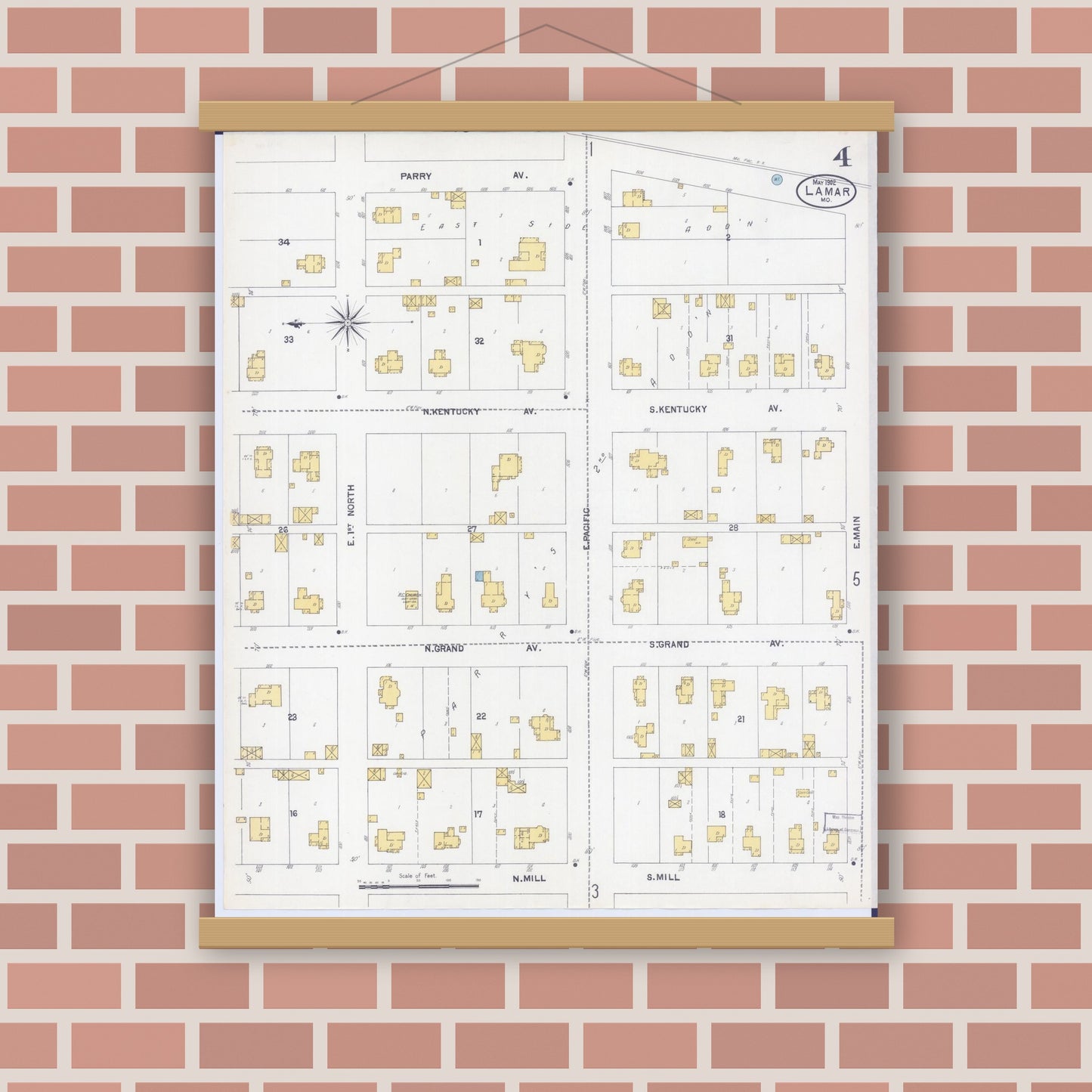 Old map wall art mockup — magnetic wood frame on brick wall — Sanborn Fire Insurance Map from Lamar, Barton County, Missouri (1902), Sheet #0004