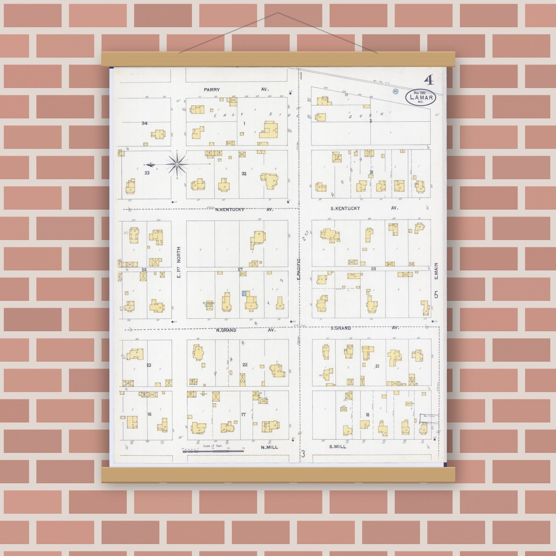 Old map wall art mockup — magnetic wood frame on brick wall — Sanborn Fire Insurance Map from Lamar, Barton County, Missouri (1902), Sheet #0004
