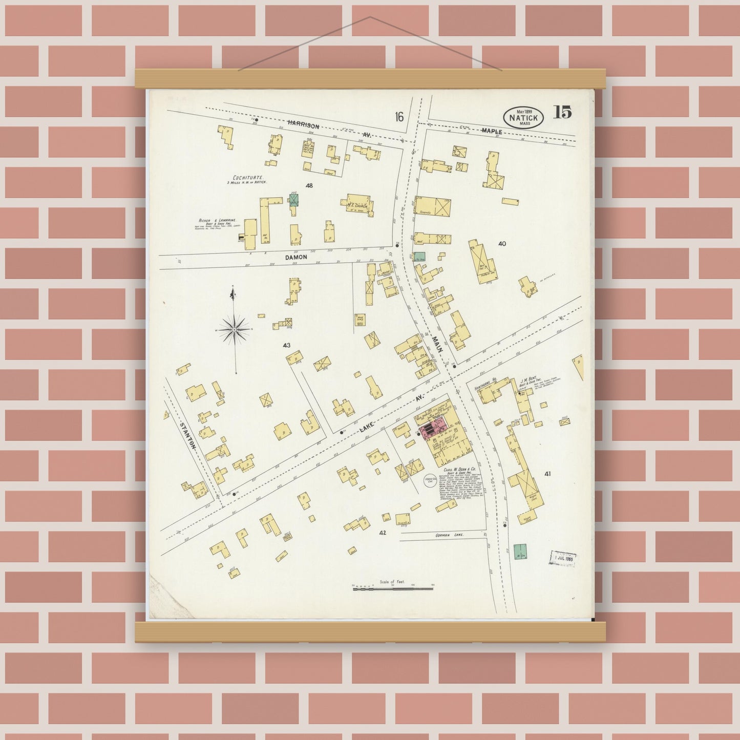 Old map wall art mockup — magnetic wood frame on brick wall — Sanborn Fire Insurance Map from Natick, Middlesex County, Massachusetts (1899), Sheet #0015