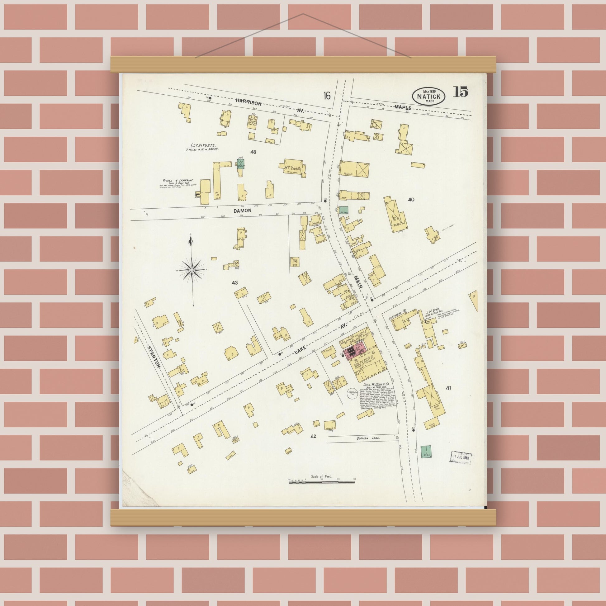 Old map wall art mockup — magnetic wood frame on brick wall — Sanborn Fire Insurance Map from Natick, Middlesex County, Massachusetts (1899), Sheet #0015