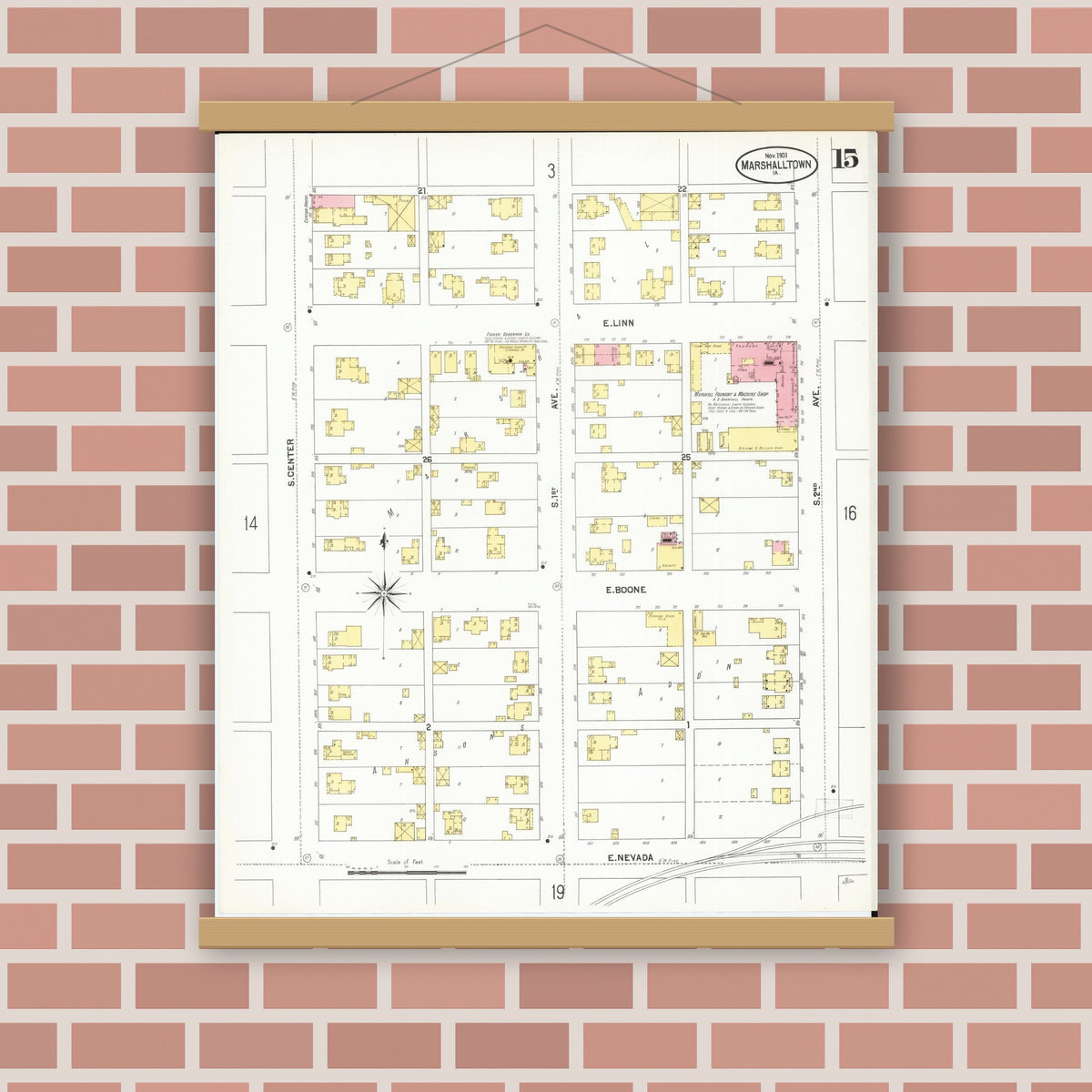 Old map wall art mockup — magnetic wood frame on brick wall — Sanborn Fire Insurance Map from Marshalltown, Marshall County, Iowa (1901), Sheet #0015