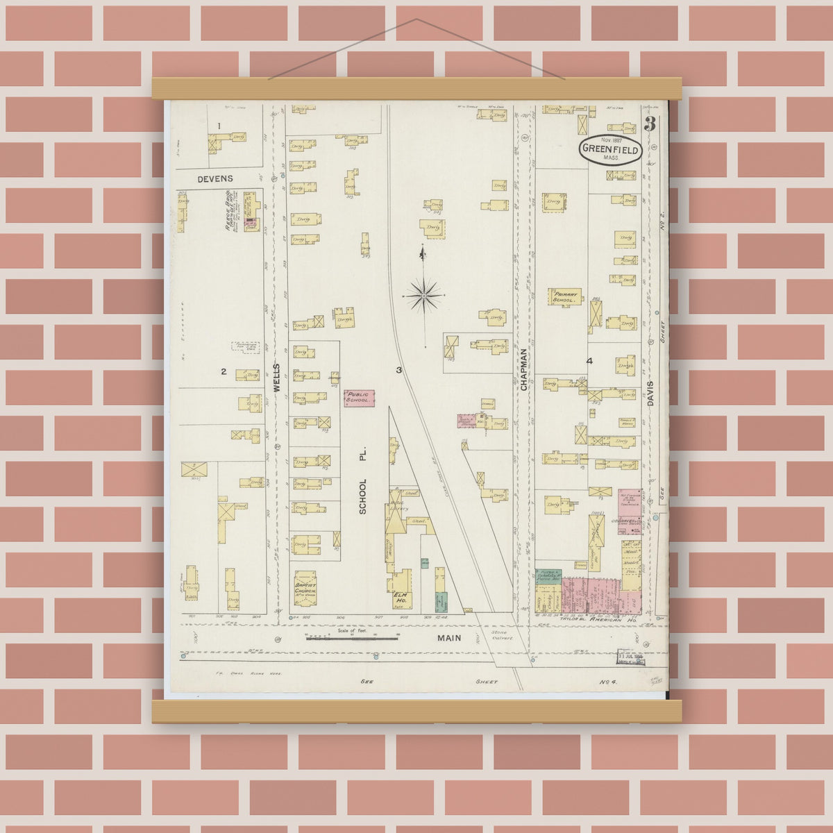 Old map wall art mockup — magnetic wood frame on brick wall — Sanborn Fire Insurance Map from Greenfield, Franklin County, Massachusetts (1887), Sheet #0003