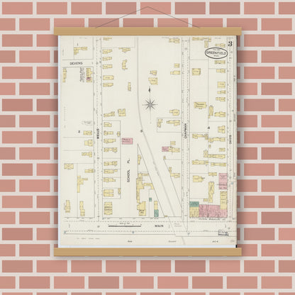 Old map wall art mockup — magnetic wood frame on brick wall — Sanborn Fire Insurance Map from Greenfield, Franklin County, Massachusetts (1887), Sheet #0003