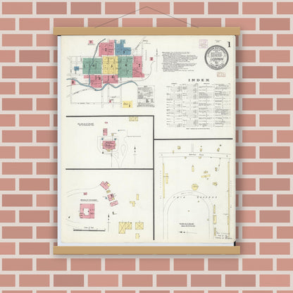 Old map wall art mockup — magnetic wood frame on brick wall — Sanborn Fire Insurance Map from Lebanon, Warren County, Ohio (1907), Sheet #0001