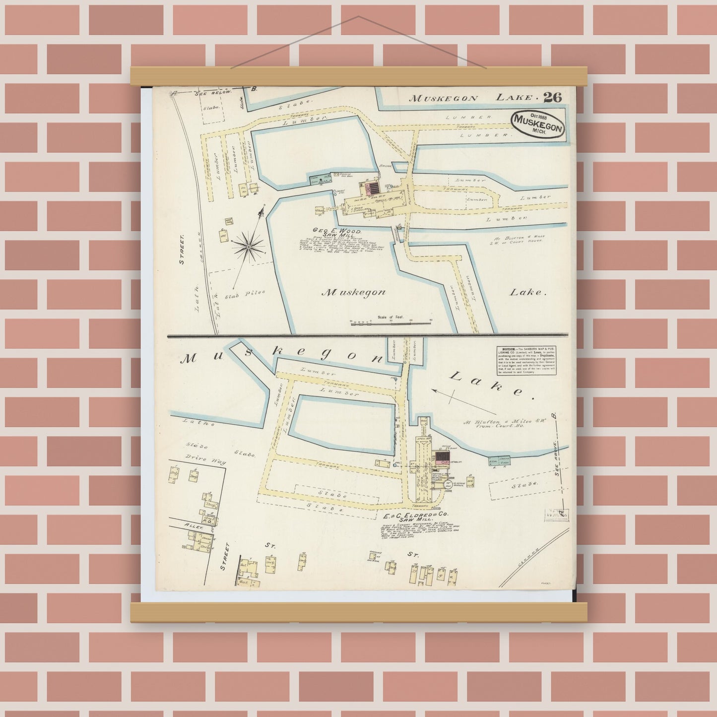 Old map wall art mockup — magnetic wood frame on brick wall — Sanborn Fire Insurance Map from Muskegon, Muskegon County, Michigan (1883), Sheet #0026