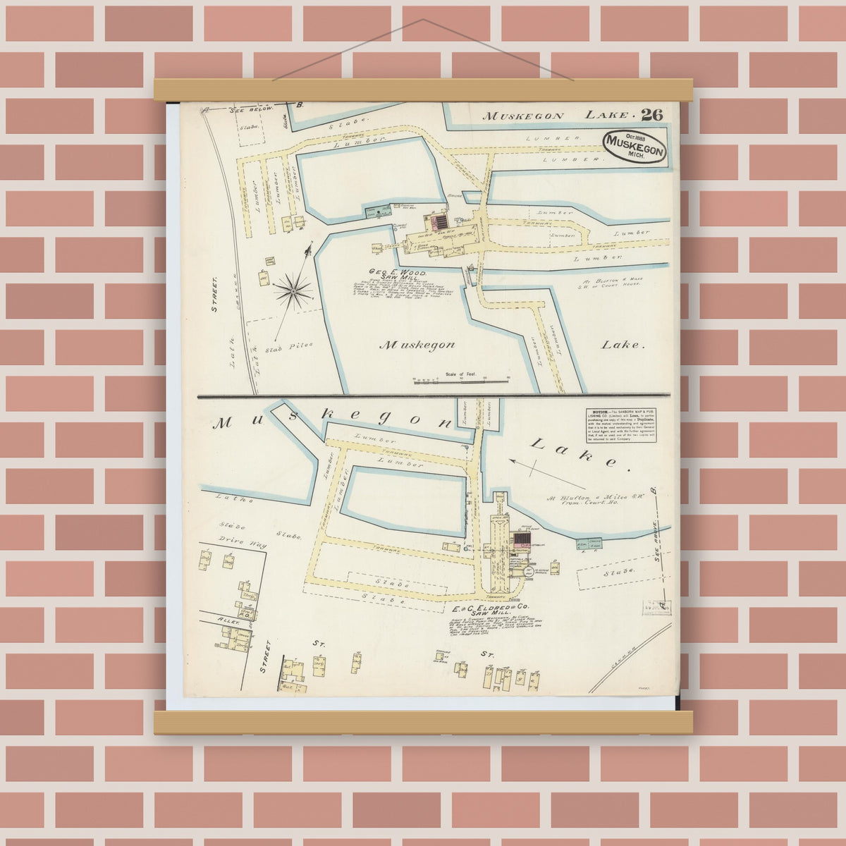Old map wall art mockup — magnetic wood frame on brick wall — Sanborn Fire Insurance Map from Muskegon, Muskegon County, Michigan (1883), Sheet #0026
