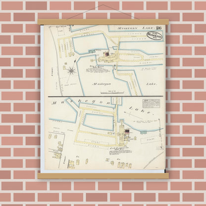 Old map wall art mockup — magnetic wood frame on brick wall — Sanborn Fire Insurance Map from Muskegon, Muskegon County, Michigan (1883), Sheet #0026